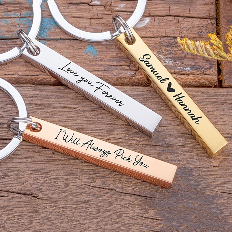 Custom Metal Bar Keychain, Couple Gift, Engraved Brushed Metal Keychain - Personalized Key chain - Valentines gift for him - gift for couple