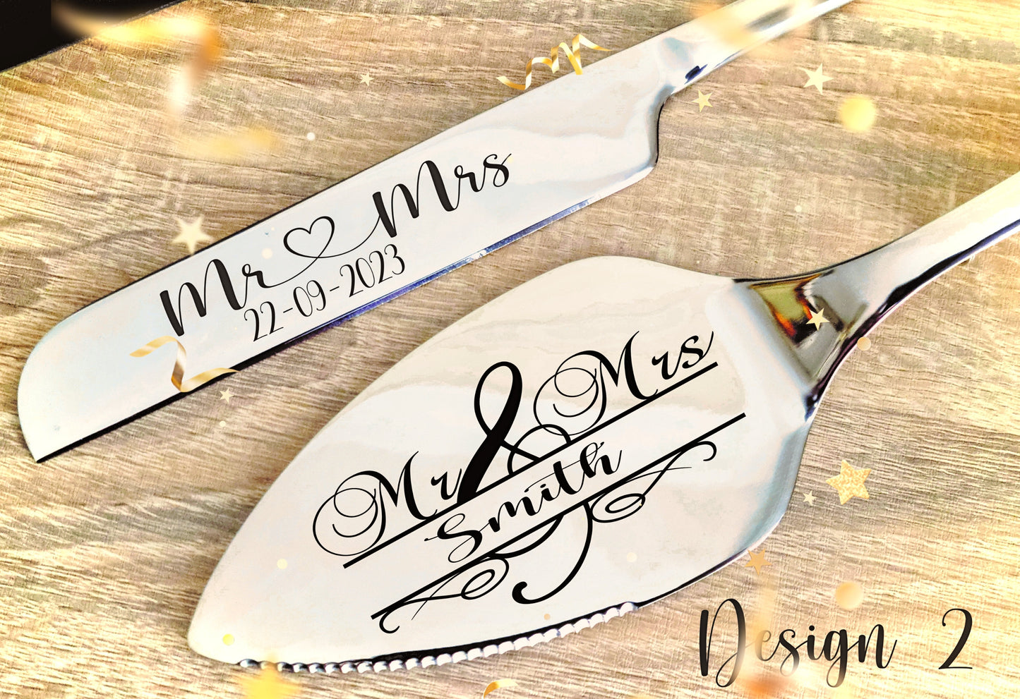 Personalised Engraved Cake Server, Slicer Set Wedding Birthday Anniversary Party