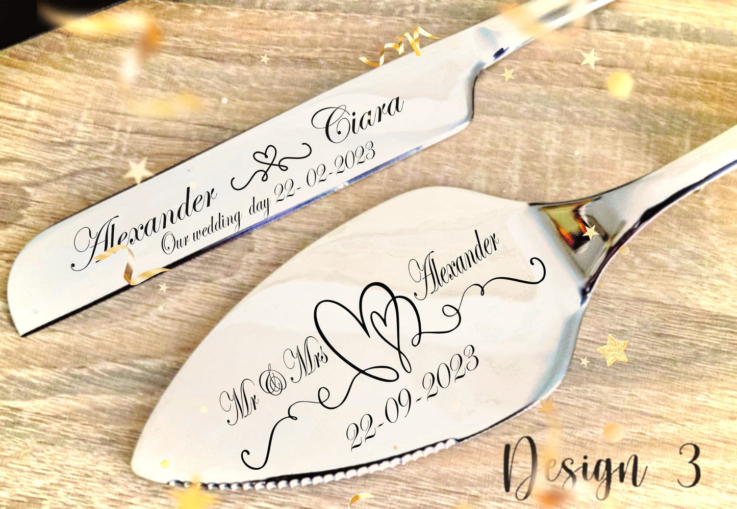 Personalised Engraved Cake Server, Slicer Set Wedding Birthday Anniversary Party